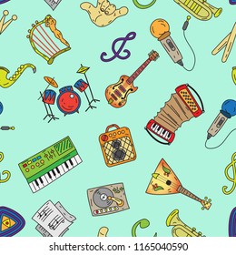 Seamless pattern of musical instruments and musical equipment.