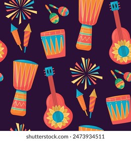 Seamless pattern with musical instruments. Festa Junina celebration with firework, maracas, drum, guitar on dark background. For digital paper, cards, banner. Traditional Celebration Festa Junina