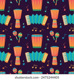 Seamless pattern with musical instruments. Festa Junina celebration with firework, maracas, drum, guitar on dark background. For digital paper, cards, banner. Traditional Celebration Festa Junina