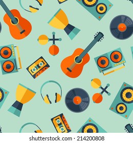 Seamless pattern with musical instruments in flat design style.