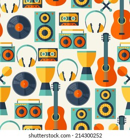 Seamless pattern with musical instruments in flat design style.