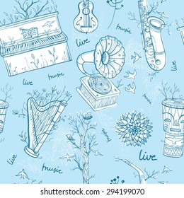 Seamless pattern with musical instruments, gramophone, plants and bird. Illustration of live music. Music of nature. eps 10