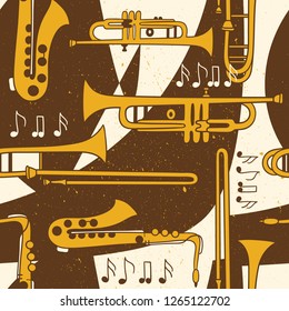 Seamless pattern with musical instruments, hand drawn overlapping backdrop. Colorful background with jazz instruments, design illustration. Decorative wallpaper, good for printing