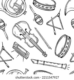 Seamless pattern musical instruments Hand drawn Vector black and white doodle Illustration