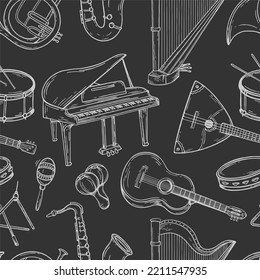 Seamless pattern musical instruments Hand drawn Vector black and white doodle Illustration