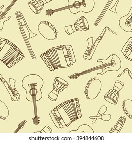 Seamless pattern with musical instruments hand drawn icons. Colorful background, collection of objects. Decorative wallpaper, good for printing.  Design illustration