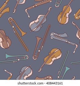 Seamless pattern with musical instruments, hand drawn icons. Colorful background with instrument, design illustration. Decorative wallpaper, good for printing