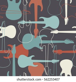Seamless pattern with musical instruments, hand drawn icons. Colorful background with electric guitars, vector illustration. Decorative wallpaper, good for printing