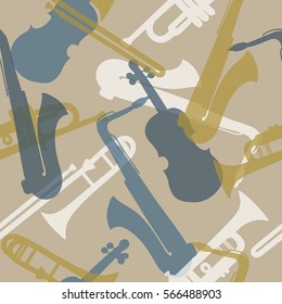 Seamless pattern with musical instruments, hand drawn icons. Colorful background with instrument, design illustration. Decorative wallpaper, good for printing