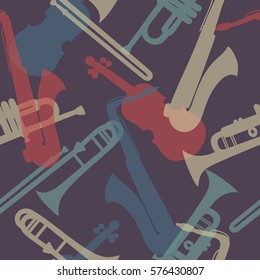 Seamless pattern with musical instruments, hand drawn icons. Colorful background with instrument, design illustration. Decorative wallpaper, good for printing