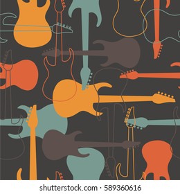 Seamless pattern with musical instruments, hand drawn icons set. Colorful background with electric guitars collection, vector illustration. Decorative wallpaper, good for printing