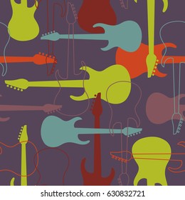 Seamless pattern with musical instruments, hand drawn icons. Colorful background with electric guitars, vector illustration. Decorative wallpaper, good for printing