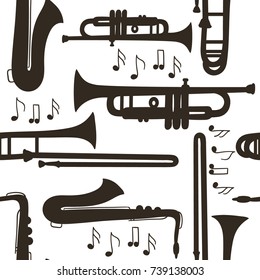 Seamless Pattern With Musical Instruments, Hand Drawn Overlapping Backdrop. Black And White Background With Jazz Instruments, Design Illustration. Decorative Wallpaper, Good For Printing