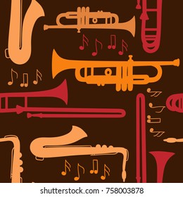 Seamless pattern with musical instruments, hand drawn overlapping backdrop. Colorful background with jazz instruments, design illustration. Decorative wallpaper, good for printing