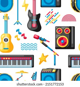 Seamless pattern with musical instruments. Music party background.