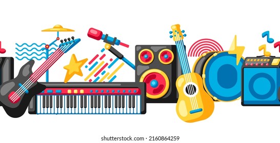 Seamless pattern with musical instruments. Music party background.