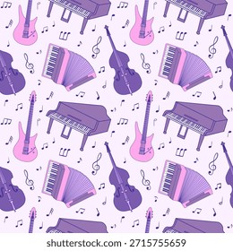 Patrón sin fisuras con instrumentos musicales. Música de fondo sin fin