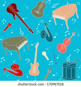 Seamless pattern with musical instruments and note symbols