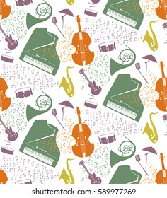 Seamless pattern with musical instruments and notes