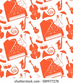 Seamless pattern with musical instruments and notes