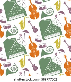 Seamless pattern with musical instruments and notes