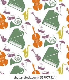Seamless pattern with musical instruments and notes