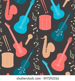 Seamless pattern with musical instruments and notes