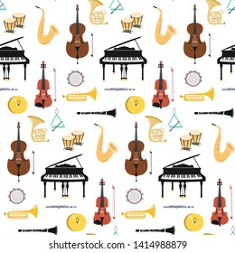Seamless pattern with musical instruments on the white background. Vector illustration.