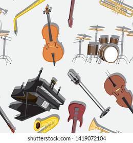 Seamless pattern with musical instruments on the white background. Vector illustration. eps