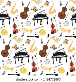 Seamless pattern with musical instruments on the white background. Vector illustration.