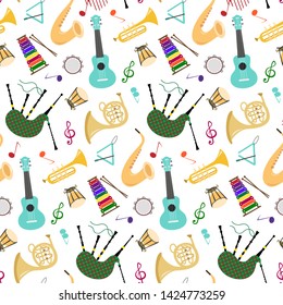 Seamless pattern with musical instruments on the white background. Vector illustration.