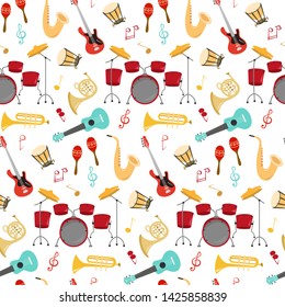 Seamless pattern with musical instruments on the white background. Vector illustration.