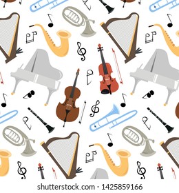 Seamless pattern with musical instruments on the white background. Vector illustration.
