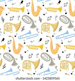 Seamless pattern with musical instruments on the white background. Vector illustration.