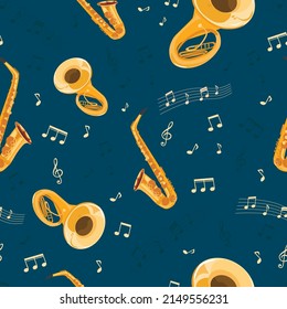 Seamless pattern with musical instruments on a dark blue background. Saxophone, big trumpet, sheet music.