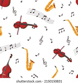 Seamless pattern with musical instruments on a white background. Saxophone, violin, notes music.