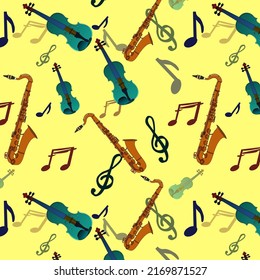 Seamless pattern of musical instruments on laser lemon color background.  persian plum color saxophone ,dark jungle green color  violin and  space cadet, alloy orange color music notes.textile pattern