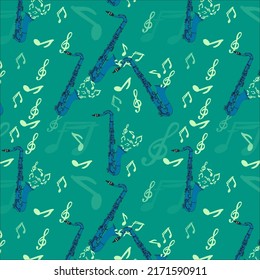 Seamless pattern of musical instruments on paolo veronese green background. CG blue color sexophone with mudium champagne color musical notes or symbol. musical textile design pattern.