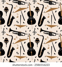 Seamless pattern with Musical instruments. Repeating vector background with cello, trumpet, drums, microphone, treble clef for template, banner, paper, card, print, flyer. Design texture rapport