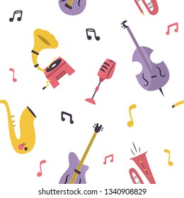 Seamless pattern with musical instruments saxophone, guitar, contrabass, trumpet