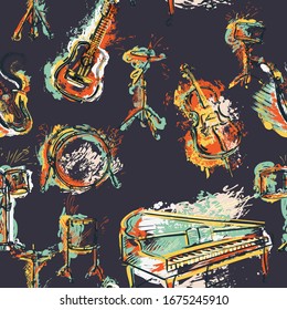 Seamless pattern with musical instruments set. Design concept for jazz music party. Piano, saxophone, guitar, cello, drum kit in grunge watercolor style. Vector illustration