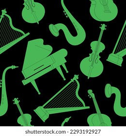 Patrón sin brillo con silueta de instrumentos musicales aislada en fondo blanco. Piano, guitarra, violoncelo, arpa, saxofón. Cadenas, bronce, vientos. Ilustración vectorial en estilo de dibujos animados modernos y planos