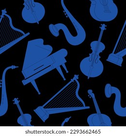 Seamless pattern with musical instruments silhouette isolated on white background. Set of piano, guitar, cello, harp, saxophone. Strings, brass, winds. Vector illustration in flat modern cartoon style