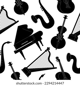 Patrón sin brillo con silueta de instrumentos musicales aislada en fondo blanco. Piano, guitarra, violoncelo, arpa, saxofón. Cadenas, bronce, vientos. Ilustración vectorial en estilo de dibujos animados modernos y planos