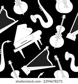 Patrón sin brillo con silueta de instrumentos musicales aislada en fondo blanco. Piano, guitarra, violoncelo, arpa, saxofón. Cadenas, bronce, vientos. Ilustración vectorial en estilo de dibujos animados modernos y planos