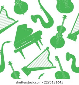 Seamless pattern with musical instruments silhouette isolated on white background. Set of piano, guitar, cello, harp, saxophone. Strings, brass, winds. Vector illustration in flat modern cartoon style