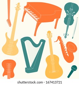 Seamless pattern with musical instruments silhouettes