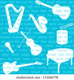 Seamless pattern with musical instruments silhouettes and text