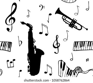 Seamless pattern with musical notation and musical wind instruments. Vector illustration