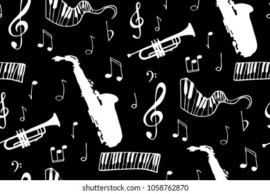 Seamless pattern with musical notation and musical wind instruments. Vector illustration